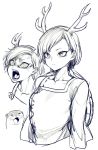  1girl anger_vein angry animal antlers breasts collarbone expressionless fangs greyscale highres kicchou_yachie monochrome multiple_views open_mouth otter sharp_teeth shell short_hair sketch small_breasts space_jin teeth touhou upper_body 