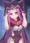  1girl armor arms_up black_cape black_capelet black_leotard breastplate cape capelet collar covered_navel fate/grand_order fate_(series) hank10111213 hood hood_grab leotard long_hair medusa_(lancer)_(fate) purple_eyes purple_hair rider solo 