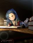  1girl 3d artist_name blue_hair book book_stack child hair_ornament hair_stick honzuki_no_gekokujou indoors inkwell lens_flare long_hair long_sleeves lying maine_(honzuki_no_gekokujou) on_stomach smile solo wooden_floor writing yellow_eyes zet_(zetart) 