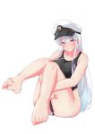  1girl absurdres arms_holding_thighs azur_lane bare_legs bare_shoulders barefoot breasts commentary_request competition_swimsuit enterprise_(azur_lane) eyebrows_visible_through_hair feet hat highleg highleg_swimsuit highres large_breasts long_hair military_hat nanohana_linestamp one-piece_swimsuit purple_eyes silver_hair sitting smile swimsuit toe-point toes wet wet_clothes wet_swimsuit white_background white_headwear 