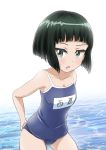  1girl absurdres adjusting_clothes adjusting_swimsuit arms_behind_back artist_name bangs black_hair blue_swimsuit blunt_bangs blunt_ends blush bob_cut breasts caustics character_name collarbone commentary competition_school_swimsuit cowboy_shot d: dated dutch_angle eyelashes from_side girls_und_panzer green_eyes highres leaning_forward legs_apart looking_at_viewer name_tag nishihara_(girls_und_panzer) ocean one-piece_swimsuit open_mouth school_swimsuit shiny shiny_hair short_hair simple_background small_breasts solo standing straight_hair surprised swimsuit tonan_leopard translated water white_background 