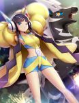  1girl armpits arms_behind_head arms_up black_hair blue_eyes breasts coat collarbone commentary_request dutch_angle gen_5_pokemon gonzarez gym_leader headphones highres kamitsure_(pokemon) long_hair long_sleeves looking_at_viewer midriff multicolored multicolored_clothes multicolored_shirt multicolored_shorts one_eye_closed open_mouth pokemon pokemon_(creature) pokemon_(game) pokemon_bw2 shiny shiny_skin shirt short_shorts shorts sleeveless sleeveless_shirt small_breasts sparkle teeth twintails very_long_hair yellow_coat yellow_sclera zebstrika 