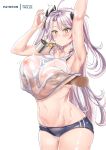  1girl antenna_hair armpits arms_up azur_lane bangs bare_shoulders bikini_bottom black_bikini_bottom black_bow blush bow breast_grab breasts covered_nipples cup disembodied_hands grabbing grabbing_from_behind hair_bow highres large_breasts long_hair looking_at_viewer multicolored_hair prinz_eugen_(azur_lane) see-through shirt silver_hair simple_background solo_focus streaked_hair swimsuit thighs tnolize two_side_up wet wet_clothes wet_shirt white_background white_shirt white_tank_top yellow_eyes 