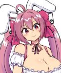  1girl absurdres animal_ears blush breasts bunny_ears choker cleavage closed_mouth commentary di_gi_charat dice_hair_ornament hair_ornament highres large_breasts long_hair looking_at_viewer nono_(totokin) pink_hair red_eyes simple_background smile solo twintails upper_body usada_hikaru white_background 