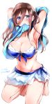  1girl armpits arms_behind_head arms_up bare_shoulders bikini blue_bikini blue_eyes blue_shirt blue_skirt blush breasts brown_hair cleavage go-toubun_no_hanayome hair_between_eyes highres kneeling large_breasts long_hair looking_at_viewer miniskirt nakano_miku navel neofreet shirt simple_background skirt solo swimsuit undressing white_background 