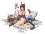  1girl alternate_costume ass bangs bare_shoulders barefoot bikini black_bikini black_hair blunt_bangs breasts butt_crack camera cleavage closed_mouth collarbone cooler earrings eyewear_on_head full_body handheld_game_console heart heart-shaped_eyewear highres holding horns iron_saga jewelry logo long_hair o-ring o-ring_bikini official_art purple_eyes ramune sidelocks sitting skindentation smile sunglasses swimsuit thighs tinted_eyewear twisted_torso very_long_hair wariza wet zjsstc 