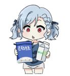  1girl blush cereal_box chibi commentary_request girls_frontline holding milk_carton red_eyes shirt short_hair sidarim silver_hair simple_background solo spas-12_(girls_frontline) twintails white_background 