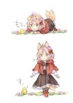  1girl :3 afterimage ahoge animal animal_ear_fluff animal_ears bangs bird black_legwear black_skirt blush boots bow brown_eyes capelet commentary_request eyebrows_visible_through_hair flower frilled_skirt frills hair_between_eyes hair_bow hair_flower hair_ornament hood hood_down hooded_capelet kneehighs long_sleeves original pink_flower pink_hair pleated_skirt red_bow red_capelet red_footwear shirt skirt sleeves_past_wrists sparkle tail tail_wagging v-shaped_eyebrows walking wataame27 white_background white_shirt wolf-chan_(wataame27) wolf_ears wolf_girl wolf_tail yellow_flower younger 