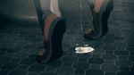  1girl bent_over black_legwear brown_footwear commentary_request cum cum_pool cumdrip feet from_below highres indoors kemuri_haku loafers original pussy_juice pussy_juice_puddle pussy_juice_stain shoes socks solo tile_floor tiles tiptoes toilet 