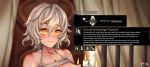  1girl bare_shoulders blush breasts butt_plug code_vein commentary dildo eggplant english_text foxy_rain gameplay_mechanics heart highres io_(code_vein) jewelry large_breasts medium_breasts messy_hair necklace smile solo torn_clothes vibrator yellow_eyes 