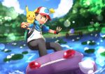  1boy :3 arms_up backpack bag bangs baseball_cap black_gloves black_hair black_pants blue_shirt blue_sky blurry blurry_background blush blush_stickers brown_eyes cloud day dutch_angle fingerless_gloves gen_1_pokemon gen_3_pokemon gen_5_pokemon genesect gloves grass happy hat highres legendary_pokemon light_blush lily_pad looking_down male_focus open_mouth outdoors outstretched_arm pants pier pikachu poke_ball_symbol poke_ball_theme pokemon pokemon_(anime) pokemon_(creature) pokemon_bw_(anime) pokemon_m16 red_eyes red_headwear riding riding_pokemon sableye satoshi_(pokemon) shirt short_hair short_sleeves sky smile surfing teeth tree water yuki56 zipper_pull_tab 