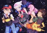  1girl 2boys :d baseball_cap black_gloves black_hair black_shirt blue_eyes blue_hair brown_pants closed_eyes collarbone collared_shirt disguised_zorua fingerless_gloves floating_hair gen_1_pokemon gen_5_pokemon gloves green_shirt grin hat highres hikari_(pokemon) illusion_(pokemon) long_hair miniskirt multiple_boys open_mouth pants pikachu pink_scarf pink_skirt poke_ball_print pokemon pokemon_(anime) pokemon_(creature) pokemon_dppt_(anime) pokemon_m13 print_hat red_eyes red_headwear satoshi_(pokemon) scarf shiny shiny_hair shirt short_sleeves skirt sleeveless sleeveless_shirt smile spiked_hair takeshi_(pokemon) torn_clothes torn_pants white_headwear white_shirt wing_collar yuki56 zorua 