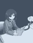  1girl black_neckwear blue_theme book collared_shirt hamsterfragment holding holding_book long_sleeves monochrome necktie no_nose original reading sad sewing_machine shirt sitting solo suicide 