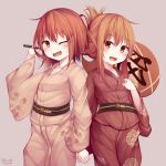 2girls :d ;d absurdres alternate_costume blush breasts brown_eyes brown_hair eyebrows_visible_through_hair fan grey_background hair_between_eyes hair_ornament hairclip hamayuu_(litore) highres holding_hands ikazuchi_(kantai_collection) inazuma_(kantai_collection) japanese_clothes kantai_collection kimono long_hair multiple_girls one_eye_closed open_mouth paper_fan short_hair small_breasts smile yukata 