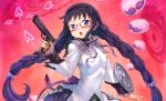  1girl absurdres akemi_homura black_hair blush braid breasts capelet glasses gun hairband handgun highres holding holding_gun holding_weapon long_hair looking_at_viewer magical_girl mahou_shoujo_madoka_magica mogudan open_mouth pistol pleated_skirt purple_eyes red-framed_eyewear shield shiny shiny_hair shiny_skin skirt small_breasts solo twin_braids upper_body weapon 