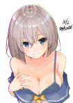  1girl absurdres blue_bra blue_eyes bra breasts chromatic_aberration cleavage collarbone hamakaze_(kantai_collection) hand_on_own_chest highres kantai_collection large_breasts looking_at_viewer off_shoulder shiina_aoi short_hair silver_hair simple_background smile solo strap_slip underwear upper_body white_background 