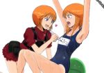  2girls armpits arms_up blue_eyes blue_swimsuit chain character_name collarbone elpeo_puru gacha-m gundam gundam_zz haro heart long_hair multiple_girls orange_hair puru_two red_shirt red_shorts school_swimsuit shiny shiny_hair shirt short_hair short_shorts short_sleeves shorts simple_background sweatdrop swimsuit white_background 