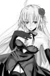  1girl ahoge blush breasts cleavage collarbone dress elbow_gloves fate/grand_order fate_(series) flower gloves greyscale hair_flower hair_ornament hand_on_own_chest highres jeanne_d&#039;arc_(alter)_(fate) jeanne_d&#039;arc_(fate)_(all) large_breasts long_hair monochrome neck_ribbon ribbon rikudou_inuhiko solo strapless strapless_dress thighhighs 