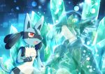  1boy animal_ears arlon_(pokemon) bangs black_cloak black_hair black_shirt blue_background cloak closed_eyes closed_mouth crying crystal fang fingerless_gloves furry gen_4_pokemon gloves glowing hair_over_one_eye hand_up happy hat highres knees_up looking_at_another lucario male_focus open_mouth paws pokemon pokemon_(anime) pokemon_(creature) pokemon_m08 pokemon_rse_(anime) red_eyes sad shirt short_hair sitting smile sparkle tail tears transparent wolf_ears yuki56 