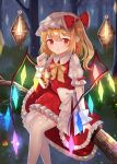  1girl blonde_hair blurry bokeh commentary_request depth_of_field drop_earrings earrings expressionless eyebrows_visible_through_hair fang fang_out feet_out_of_frame flandre_scarlet forest garter_straps glowing glowing_wings hair_between_eyes hat hat_ribbon holding_lantern in_tree jewelry lantern looking_at_viewer mob_cap nail_polish nature night outdoors partial_commentary petticoat pointy_ears puffy_short_sleeves puffy_sleeves red_eyes red_nails red_skirt red_vest ribbon sakipsakip shirt short_hair short_sleeves side_ponytail single_earring sitting skirt solo thighhighs touhou tree tree_branch vest white_headwear white_legwear white_shirt wings wrist_cuffs yellow_neckwear yellow_ribbon 