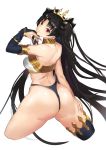  1girl armlet ass asymmetrical_legwear asymmetrical_sleeves back bangs bare_shoulders bikini black_bikini_bottom black_bow black_hair blush bow breasts bridal_gauntlets closed_mouth detached_collar detached_sleeves earrings fate/grand_order fate_(series) hair_bow highleg highleg_bikini highres hoop_earrings ishtar_(fate/grand_order) jewelry long_hair looking_at_viewer looking_back medium_breasts neck_ring parted_bangs red_eyes sakanaaj1 simple_background single_detached_sleeve single_thighhigh smile solo swimsuit thighhighs thighs tiara two_side_up white_background white_bikini_top 
