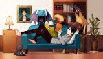  1boy banette bangs barefoot black_eyes black_hair black_pants blue_eyes book bookshelf claws couch cushion doll fangs from_side full_body gen_1_pokemon gen_3_pokemon golbat grey_shirt half-closed_eyes hand_up holding indoors kadabra lamp long_sleeves lying male_focus metapod newo_(shinra-p) on_back open_book open_mouth original pants picture_(object) plant pokemon pokemon_(creature) potted_plant reading shirt short_hair spoon standing 