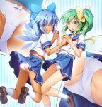  2girls :d :o alternate_costume ass bangs bare_legs blue_background blue_bow blue_eyes blue_hair blue_sailor_collar blue_skirt blush bow bow_panties brown_footwear chima_q cirno commentary_request contemporary daiyousei eyebrows_visible_through_hair fairy_wings from_behind green_eyes green_hair hair_between_eyes hair_bow hands_up highres holding_hands ice ice_wings loafers looking_at_another looking_at_viewer midriff miniskirt multiple_girls multiple_views neckerchief open_mouth panties pantyshot pleated_skirt red_neckwear sailor_collar school_uniform serafuku shirt shoe_soles shoes short_hair short_sleeves side_ponytail skirt smile socks striped striped_background tan tanned_cirno thighs touhou underwear vertical-striped_background vertical_stripes white_legwear white_panties white_shirt wings yellow_bow 
