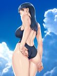  1girl absurdres ass back bangs blue_hair blue_sky blue_swimsuit breasts brown_eyes cloud covered_nipples fullbottom highres long_hair looking_at_viewer one-piece_swimsuit original sky solo swimsuit wet 
