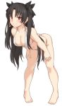  1girl bangs bare_arms bare_legs bare_shoulders barefoot bent_over bikini black_hair blush breasts cleavage collarbone earrings eyebrows_visible_through_hair fate/grand_order fate_(series) halter_top halterneck hoop_earrings ishtar_(fate/grand_order) ishtar_(swimsuit_rider)_(fate) jewelry large_breasts long_hair looking_at_viewer navel parted_bangs red_eyes shiseki_hirame simple_background smile solo swimsuit two_side_up white_background white_bikini 