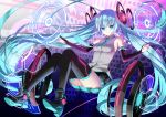  1girl bare_shoulders black_footwear black_gloves black_legwear black_skirt blue_eyes blue_hair blue_neckwear boots breasts closed_mouth collared_shirt commentary elbow_gloves full_body gloves goggles grey_shirt hatsune_miku headgear hexagon long_hair looking_at_viewer necktie official_art partly_fingerless_gloves pleated_skirt shirt shoe_soles skirt sleeveless sleeveless_shirt small_breasts smile solo thighhighs thighhighs_under_boots twintails very_long_hair vocaloid yuuki_kira 