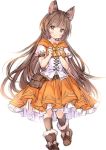  1girl animal_ears aster_(granblue_fantasy) bag bangs blush boots bow brown_eyes brown_footwear brown_hair brown_legwear closed_mouth commentary_request copyright_request cross-laced_clothes erune eyebrows_visible_through_hair fur-trimmed_boots fur_trim granblue_fantasy hair_ornament hairclip hands_up head_tilt kneehighs long_hair looking_at_viewer orange_skirt pleated_skirt satchel shirt short_sleeves simple_background skirt smile solo very_long_hair wataame27 white_background white_shirt yellow_bow 