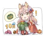  ! 1girl :o ahoge animal animal_ear_fluff animal_ears bangs bird blue_flower bluebird bow brown_eyes capelet chestnut commentary_request eyebrows_visible_through_hair fang flower food hair_between_eyes hair_bow hair_flower hair_ornament hands_up holding holding_food hood hood_down hooded_capelet jack-o&#039;-lantern long_hair long_sleeves open_mouth original pink_flower pink_hair pumpkin red_bow red_capelet shirt solo sweet_potato thought_bubble upper_body wataame27 white_background white_shirt wolf-chan_(wataame27) wolf_ears 