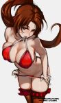  1girl bikini bikini_pull breasts brown_eyes brown_hair brown_legwear cleavage covered_nipples fatal_fury head_tilt high_ponytail highres large_breasts litchipix long_hair looking_at_viewer mouth_hold navel ponytail pulled_by_self red_bikini shiranui_mai sketch solo swimsuit the_king_of_fighters thighhighs undressing untied untied_bikini very_long_hair white_background 