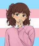  1other androgynous black_eyes blush borrowed_character brown_hair cardigan collared_shirt covering_mouth eyebrows_visible_through_hair highres long_sleeves looking_at_viewer open_mouth original pas_(paxiti) pink_cardigan shirt short_ponytail side_ponytail smile transgender_flag upper_body white_shirt 