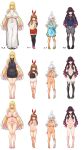  4girls absurdres ahoge aran_sweater bandages bangs bar_censor barefoot black_gloves black_hair black_legwear blonde_hair blue_eyes blush boots breasts brown_hair censored dress elbow_gloves eyebrows_visible_through_hair finger_to_mouth gloves hair_over_one_eye hair_ribbon highres huge_breasts jewelry kirin_kakeru large_breasts long_hair long_sleeves looking_at_viewer medium_breasts multiple_girls naked_sweater navel nipples nude one-piece_swimsuit open_mouth original overalls pendant purple_eyes red_eyes ribbon school_uniform serafuku shirt shoes shorts silver_hair simple_background small_breasts smile standing striped striped_shirt sweater swimsuit thigh_boots thighhighs white_background white_dress yellow_eyes 