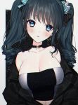  1girl bare_shoulders black_bow black_hair blue_eyes bow breasts choker cleavage hair_bow jacket large_breasts long_hair looking_at_viewer naomasap navel off_shoulder original parted_lips polka_dot polka_dot_bow sidelocks striped striped_bow twintails upper_body 