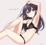  1girl absurdres arm_up armpits artist_name bare_arms bare_legs black_bra black_hair black_panties blue_eyes bra breasts closed_mouth collarbone english_text grey_background hair_between_eyes highres jimmy knee_up lingerie long_hair looking_at_viewer navel original panties sidelocks sketch small_breasts solo underwear underwear_only 