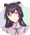  1girl animal_ears black_hair blue_ribbon cat_ears closed_mouth earrings eyebrows_visible_through_hair face fifuth jewelry mole mole_under_eye original red_eyes ribbon short_eyebrows sketch smile solo 