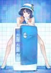  1girl blue_hair blue_theme bottle chin_rest covering gloves hat head_rest high_heels highres leaning_forward looking_at_viewer minifridge neckerchief nude nude_cover platform_footwear platform_heels refrigerator short_hair solo standing suntory suntory_nomu tile_floor tile_wall tiles virtual_youtuber water_bottle white_gloves yasukura_(shibu11) 