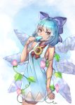  1girl adapted_costume bare_arms bare_shoulders blue_bow blue_dress blue_eyes blue_hair bow breasts cirno commentary_request cowboy_shot dress flower food hair_bow hand_up highres holding holding_food ice ice_wings leaf looking_at_viewer pink_flower plant popsicle red_ribbon ribbon short_hair sleeveless sleeveless_dress small_breasts solo standing sunflower tanned_cirno touhou vines wings yasu_suupatenin 