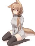  1girl animal_ear_fluff animal_ears bangs between_legs black_legwear black_scrunchie blush brown_hair commentary_request eyebrows_visible_through_hair fang fox_ears fox_girl fox_tail grey_sweater hair_between_eyes hair_ornament hair_over_shoulder hair_scrunchie hand_between_legs highres hinako_(anzu15) long_hair long_sleeves looking_at_viewer no_shoes original parted_lips red_eyes scrunchie shadow smile solo sweater tail thighhighs white_background 