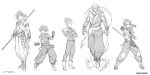  5boys armband bald cape circlet closed_mouth commentary_request dougi dragon_ball dragon_ball_z fighting_stance fingerless_gloves floating gloves greyscale highres holding holding_staff holding_sword holding_weapon jacket male_focus monochrome multiple_boys muscle parted_lips piccolo rejean_dubois scabbard sheath simple_background sketch skin_tight son_gohan son_gokuu staff sword torn_clothes trunks_(future)_(dragon_ball) vegeta weapon white_background white_gloves 
