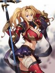  1girl bangs blonde_hair blue_eyes blue_skirt braid breasts cleavage gauntlets granblue_fantasy hair_intakes hairband highres houtengeki large_breasts long_hair looking_at_viewer midriff navel open_mouth polearm red_armor red_legwear shawl sidelocks skirt smile solo spear thighs twintails weapon zeta_(granblue_fantasy) 