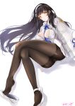  1girl ass bangs between_breasts black_hair black_legwear blush breasts cameltoe cape closed_mouth commentary_request covered_nipples crossed_legs eyebrows_visible_through_hair flats floating_hair flower full_body girls_frontline gloves hair_flower hair_ornament hairband head_tilt highres large_breasts long_hair looking_at_viewer meito_harmren necktie necktie_between_breasts open_mouth panties panties_under_pantyhose pantyhose qbz-95_(girls_frontline) shirt shoe_dangle sidelocks simple_background sitting skirt smile solo thighband_pantyhose underwear very_long_hair white_background white_footwear white_gloves white_hairband white_panties white_shirt white_skirt yellow_eyes 