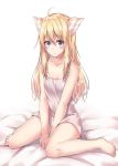  1girl :o akira_(been0328) animal_ear_fluff animal_ears bangs bare_arms bare_legs bare_shoulders barefoot bed_sheet blonde_hair blue_eyes blush cat_ears commentary_request dress eyebrows_visible_through_hair full_body hair_between_eyes long_hair looking_at_viewer original parted_lips sitting sleeveless sleeveless_dress solo very_long_hair wariza white_background white_dress 