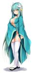  1girl breasts cleavage commentary fate/grand_order fate_(series) green_hair highres horns japanese_clothes kimono kiyohime_(fate/grand_order) large_breasts long_hair no_bra no_panties open_clothes open_kimono sandals sen_(astronomy) skindentation smile thighhighs white_legwear yellow_eyes 