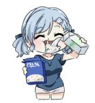  1girl blush breasts cereal_box chibi closed_eyes girls_frontline holding milk milk_carton open_mouth shirt short_hair short_sleeves sidarim silver_hair simple_background solo spas-12_(girls_frontline) twintails white_background 