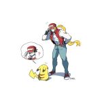  /\/\/\ 1boy ? ban_(ban62460424) blonde_hair closed_mouth commentary denim fatal_fury fingerless_gloves gen_1_pokemon gloves hand_on_hip jeans look-alike looking_at_another male_focus muscle pants pikachu pokemon pokemon_(creature) pokemon_(game) pokemon_rgby red_(pokemon) shaded_face shoes simple_background sneakers spoken_character super_smash_bros. terry_bogard torn_clothes torn_sleeves vest white_background 