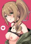 1girl bangs bare_shoulders black_camisole blush breasts breasts_outside brown_hair chloe_(princess_connect) choker closed_mouth collarbone green_eyes green_jacket heart horosuke_(toot08) jacket jewelry long_hair looking_at_viewer necklace nipples off_shoulder open_clothes open_jacket pink_background princess_connect! princess_connect!_re:dive shirt_lift side_ponytail simple_background smile solo spoken_heart 