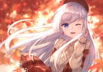  1girl ;d absurdres aran_sweater autumn_leaves azur_lane bangs belfast_(azur_lane) beret blue_eyes blurry blurry_background blurry_foreground braid brown_sweater commentary_request earrings eyebrows_visible_through_hair floating_hair fringe_trim hand_up hat highres huge_filesize jewelry leaf long_hair long_sleeves looking_at_viewer maple_leaf masaki_(msk064) one_eye_closed open_mouth plaid red_headwear shawl silver_hair sleeves_past_wrists smile solo sweater upper_body upper_teeth very_long_hair wind 